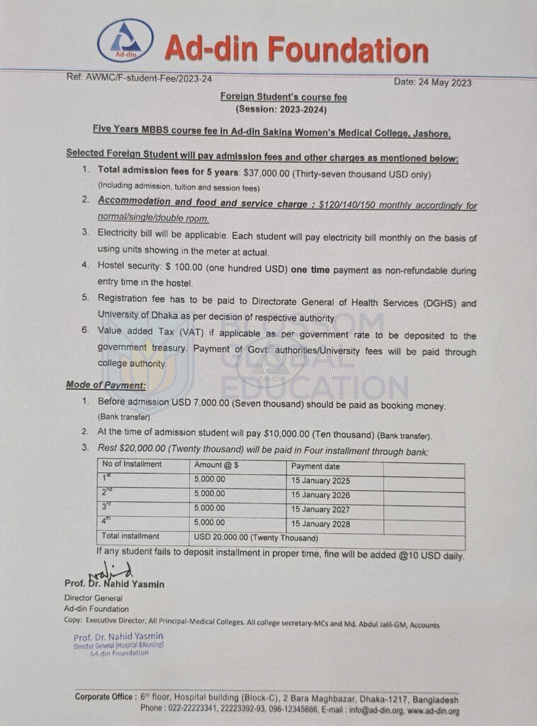 ad din sakina women medical college fee structure